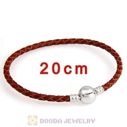 20cm Brown Braided Leather Bracelet with Silver Round Clip fit European Beads