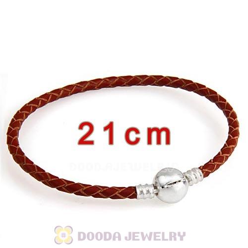 21cm Brown Braided Leather Bracelet with Silver Round Clip fit European Beads