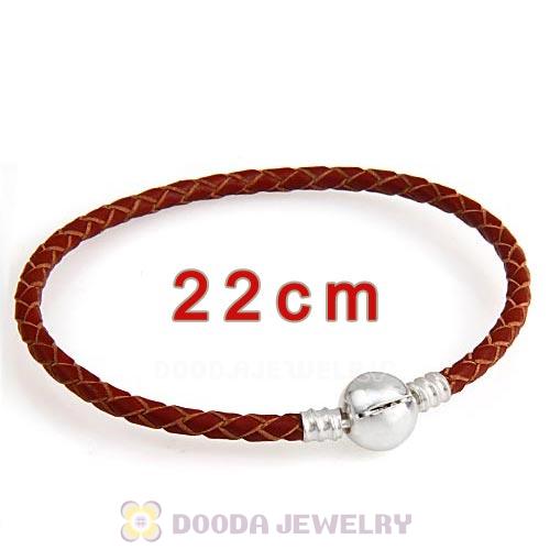 22cm Brown Braided Leather Bracelet with Silver Round Clip fit European Beads