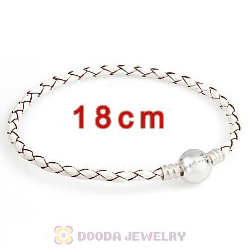 18cm White Braided Leather Bracelet with Silver Round Clip fit European Beads