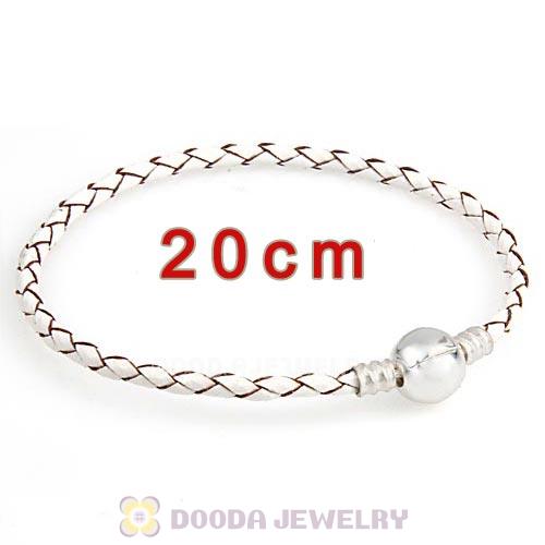 20cm White Braided Leather Bracelet with Silver Round Clip fit European Beads