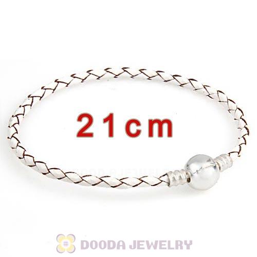 21cm White Braided Leather Bracelet with Silver Round Clip fit European Beads