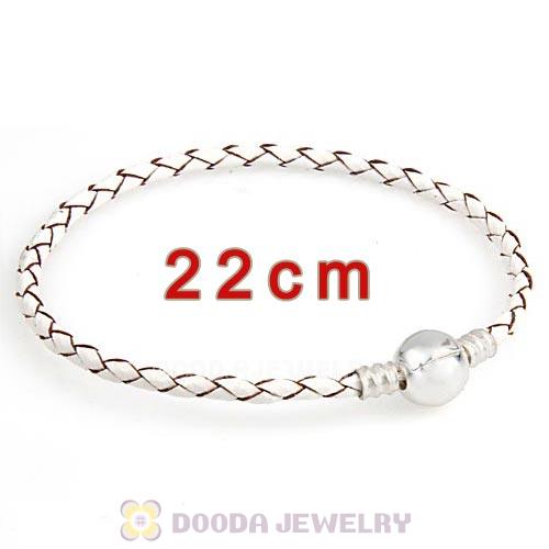 22cm White Braided Leather Bracelet with Silver Round Clip fit European Beads
