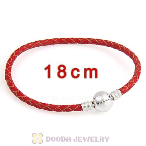 18cm Red Braided Leather Bracelet with Silver Round Clip fit European Beads