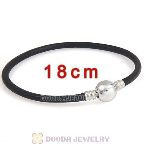 18cm Black Slippy Leather Bracelet with Silver Round Clip fit European Beads