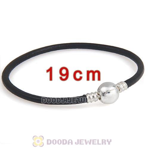19cm Black Slippy Leather Bracelet with Silver Round Clip fit European Beads
