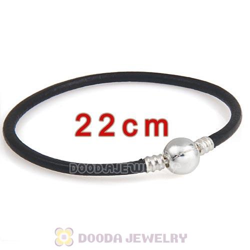 22cm Black Slippy Leather Bracelet with Silver Round Clip fit European Beads
