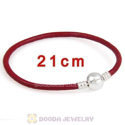 21cm Dark Red Slippy Leather Bracelet with Silver Round Clip fit European Beads