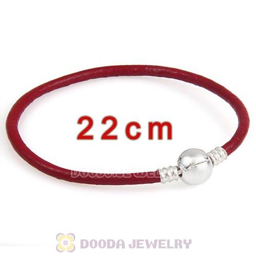 22cm Dark Red Slippy Leather Bracelet with Silver Round Clip fit European Beads