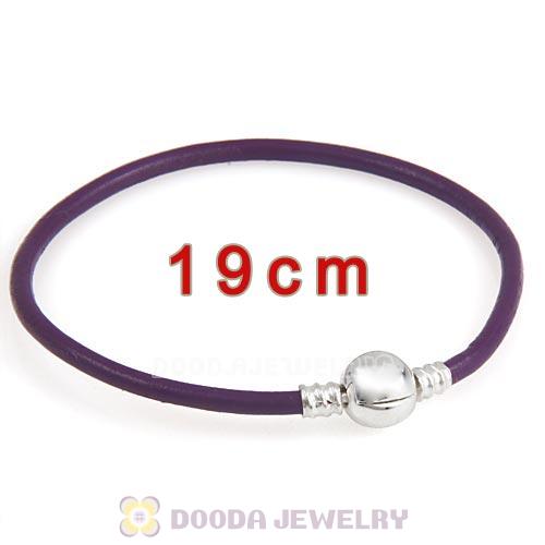 19cm Purple Slippy Leather Bracelet with Silver Round Clip fit European Beads