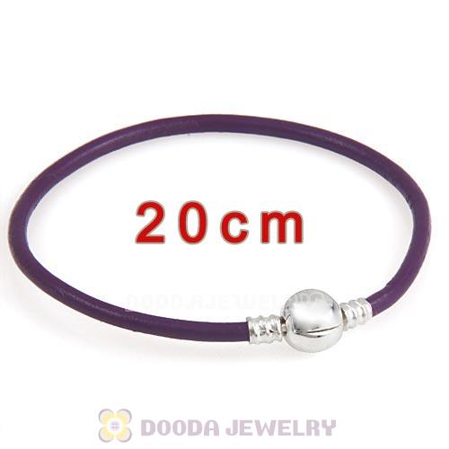 20cm Purple Slippy Leather Bracelet with Silver Round Clip fit European Beads