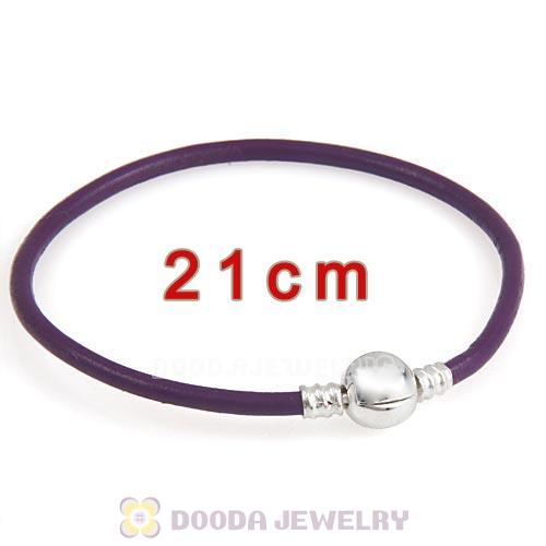 21cm Purple Slippy Leather Bracelet with Silver Round Clip fit European Beads