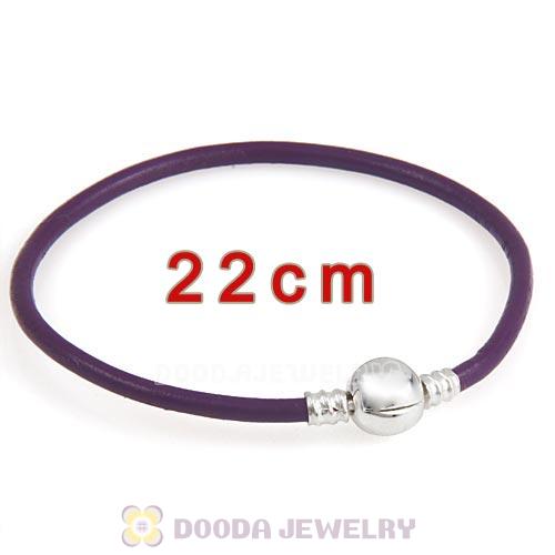22cm Purple Slippy Leather Bracelet with Silver Round Clip fit European Beads