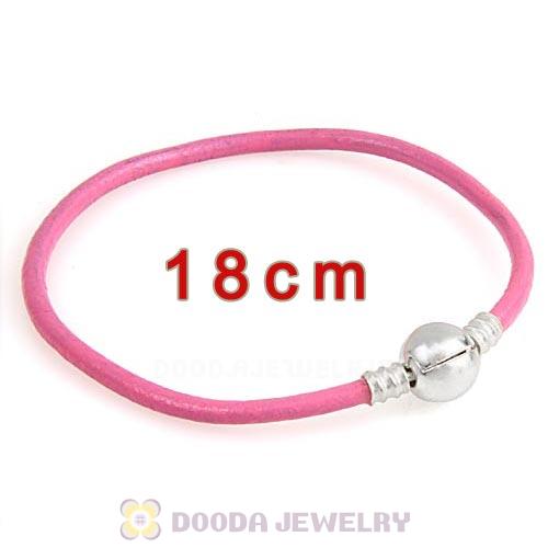 18cm Pink Slippy Leather Bracelet with Silver Round Clip fit European Beads