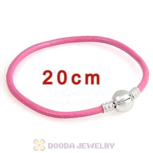 20cm Pink Slippy Leather Bracelet with Silver Round Clip fit European Beads