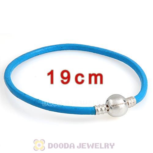 19cm Blue Slippy Leather Bracelet with Silver Round Clip fit European Beads