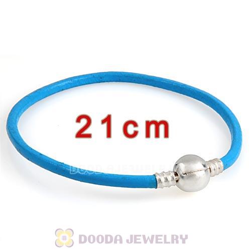 21cm Blue Slippy Leather Bracelet with Silver Round Clip fit European Beads