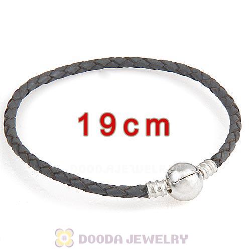 19cm Gray Braided Leather Bracelet with Silver Round Clip fit European Beads