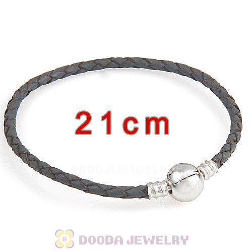 21cm Gray Braided Leather Bracelet with Silver Round Clip fit European Beads