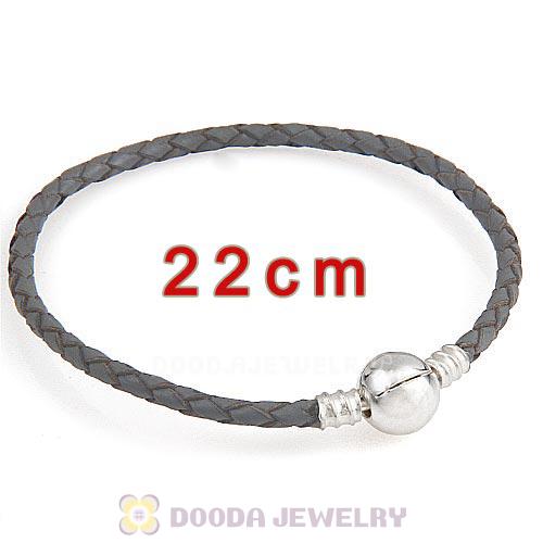 22cm Gray Braided Leather Bracelet with Silver Round Clip fit European Beads