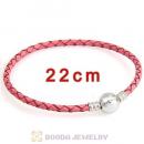 22cm Pink Braided Leather Bracelet with Silver Round Clip fit European Beads