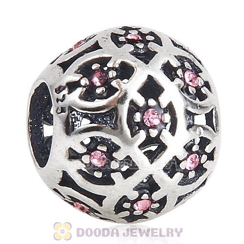 Sterling Silver Intricate Lattice Bead with Light Rose Austrian Crystal