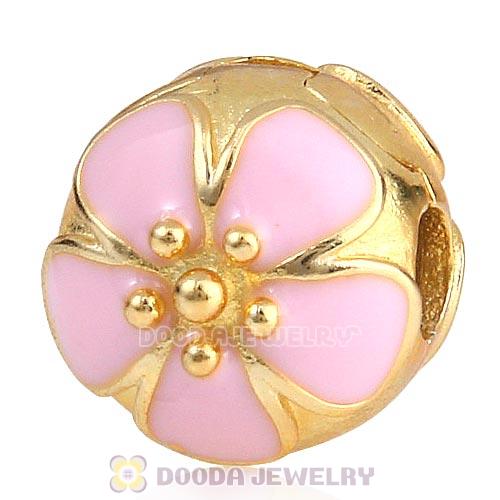Gold Plated Sterling Silver Cherry Blossom Pink Enamel Clip Beads