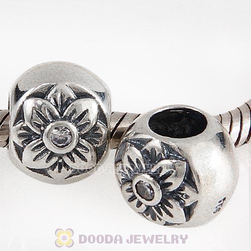 Antique Sterling Silver Flower Beads with Clear CZ Stone
