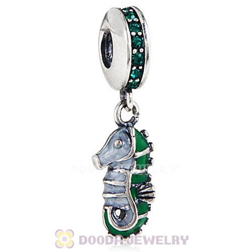 Sterling Silver Dangle Tropical Seahorse with Emerald Austrian Crystal Charm