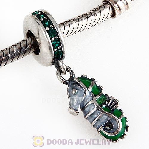 Sterling Silver Dangle Tropical Seahorse with Emerald Austrian Crystal Charm