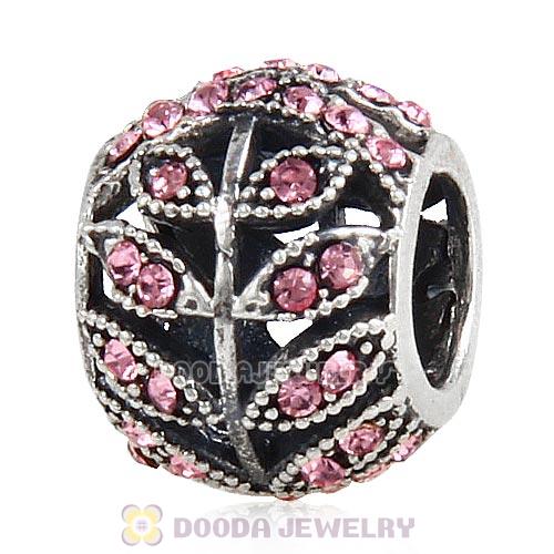 Sterling Silver Sparkling Leaves Bead with Light Rose Austrian Crystal