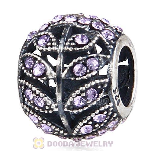 Sterling Silver Sparkling Leaves Bead with Violet Austrian Crystal