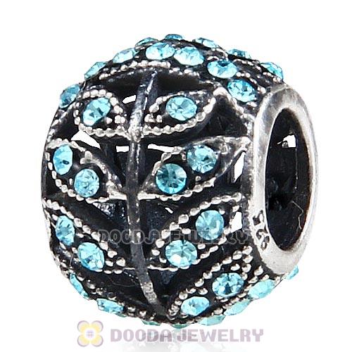 Sterling Silver Sparkling Leaves Bead with Aquamarine Austrian Crystal