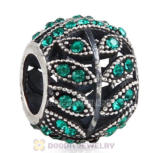 Sterling Silver Sparkling Leaves Bead with Emerald Austrian Crystal