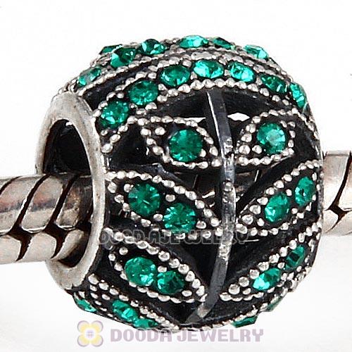 Sterling Silver Sparkling Leaves Bead with Emerald Austrian Crystal