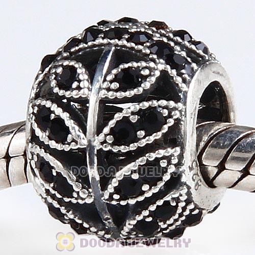 Sterling Silver Sparkling Leaves Bead with Jet Austrian Crystal