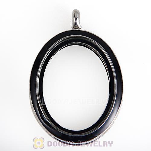 Platinum Plated Alloy Glass Floating Locket Oval Pendant Black Face