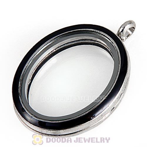 Platinum Plated Alloy Glass Floating Locket Oval Pendant Black Face