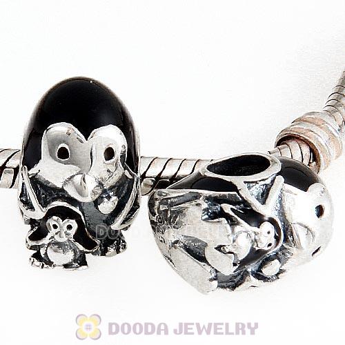 Sterling Silver Penguin Family with Black Enamel Beads European Style