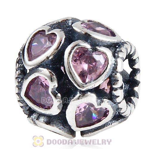 European Style Sterling Silver Love All Around Beads with Pink CZ Stone