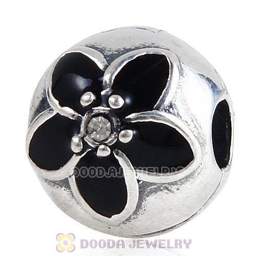 Sterling Silver Mystic Floral with Clear Crystal Black Enamel Clip Beads