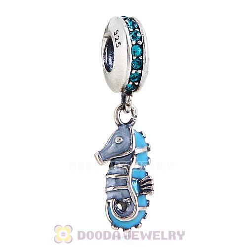 Sterling Silver Dangle Tropical Seahorse with Blue Zircon Austrian Crystal Charm