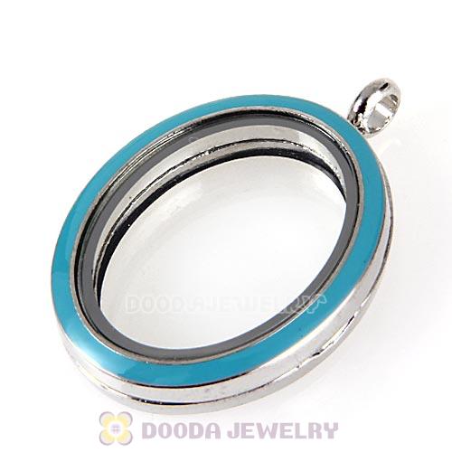 Platinum Plated Alloy Glass Floating Locket Oval Pendant Blue Face