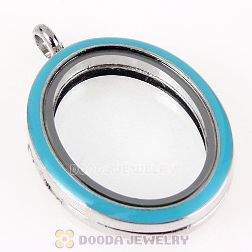Platinum Plated Alloy Glass Floating Locket Oval Pendant Blue Face