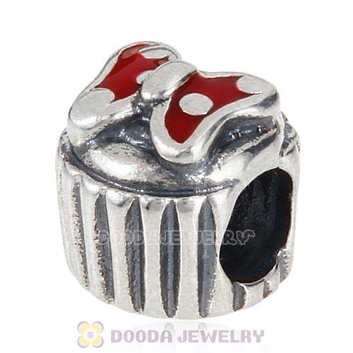 Antique Sterling Silver Cupcake Bead with Red Enamel Bowknot Charm Beads