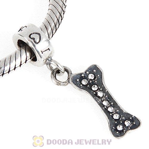 Antique Sterling Silver Dangle I Love My Dog Bone with Clear Crystal Charm Beads