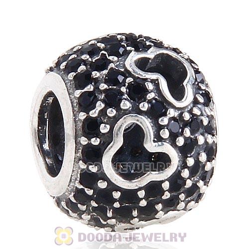 European Sterling Silver Mickey Head Charm Jet Pave Lights With Jet Austrian Crystal