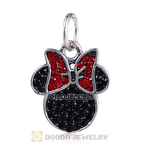 Sterling Silver Dangle Minnie Icon Charm Pave Jet Austrian Crystal with Red Bowknot