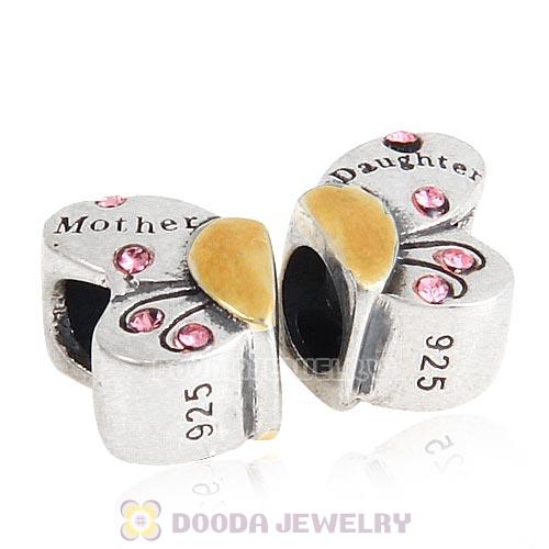 Sterling Silver Mother Daughter Butterfly Beads with Light Rose Austrian Crystal