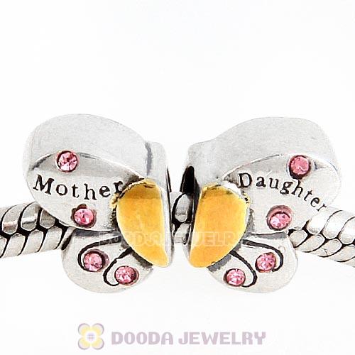 Sterling Silver Mother Daughter Butterfly Beads with Light Rose Austrian Crystal